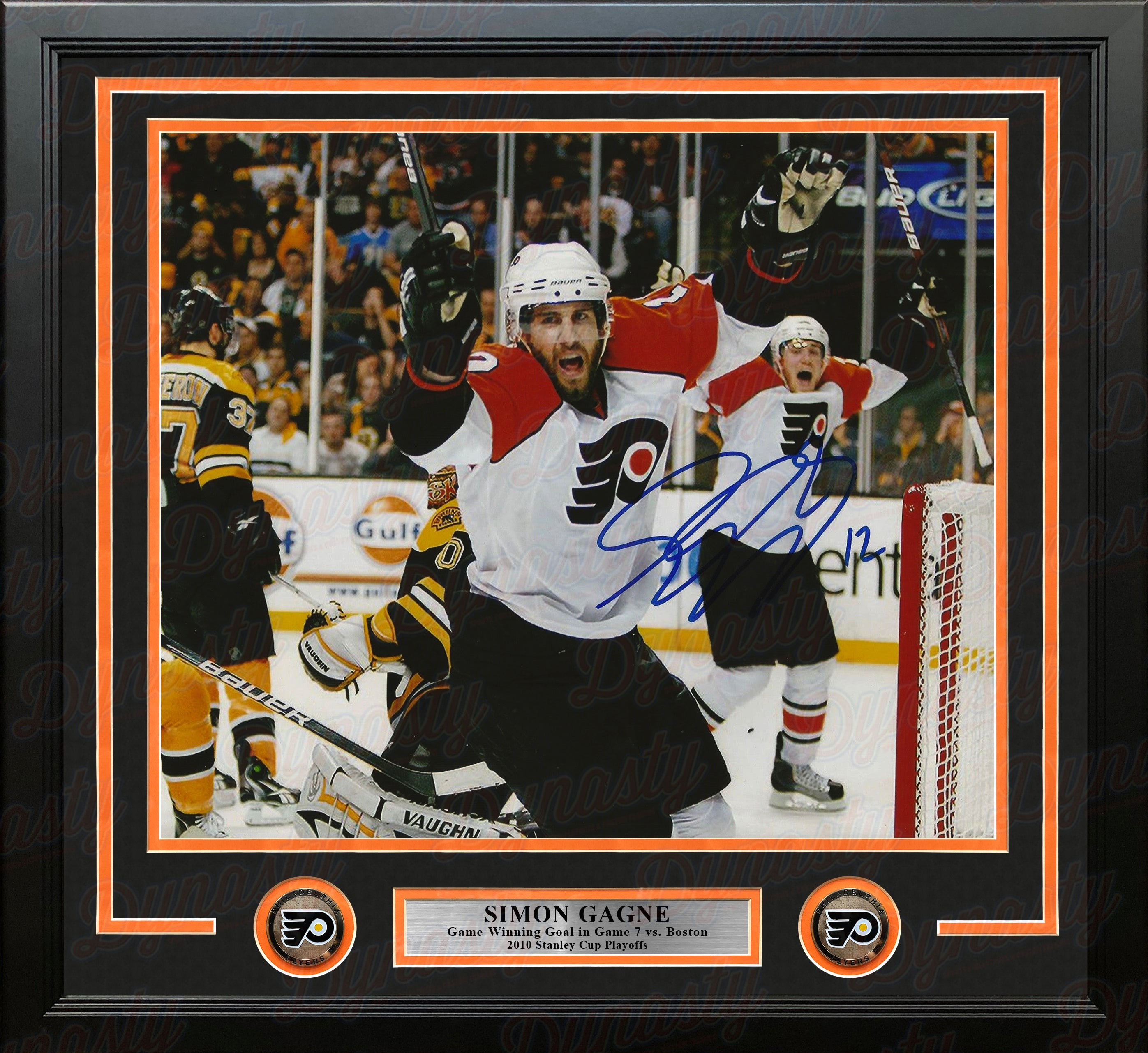 Simon Gagne Philadelphia Flyers Gm 7 Game-Winning Goal v Bruins Autographed  11x14 Framed Color Photo