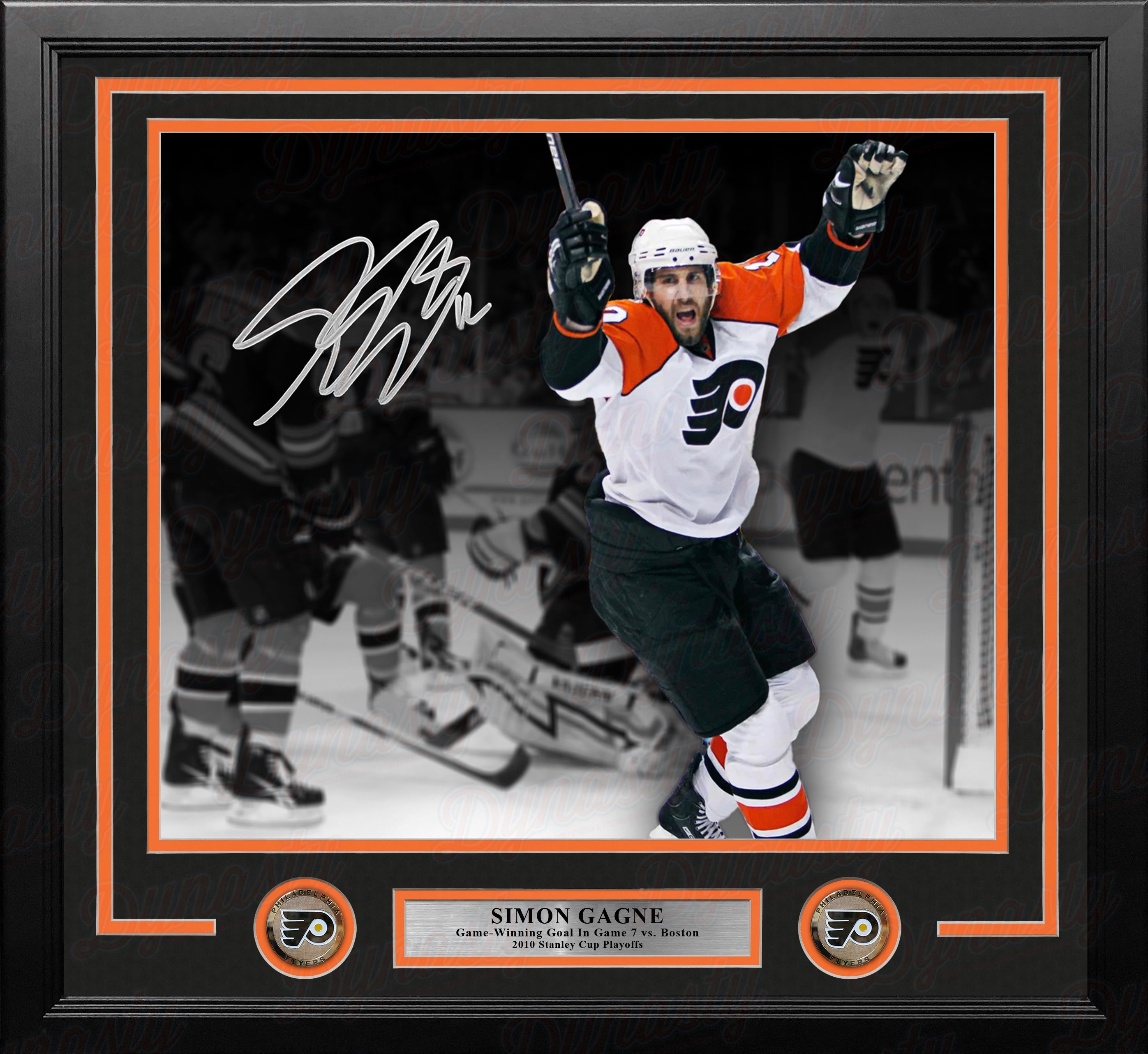 Simon Gagne Philadelphia Flyers Gm 7 Game-Winning Goal v Bruins Autographed  11x14 Framed Black Photo