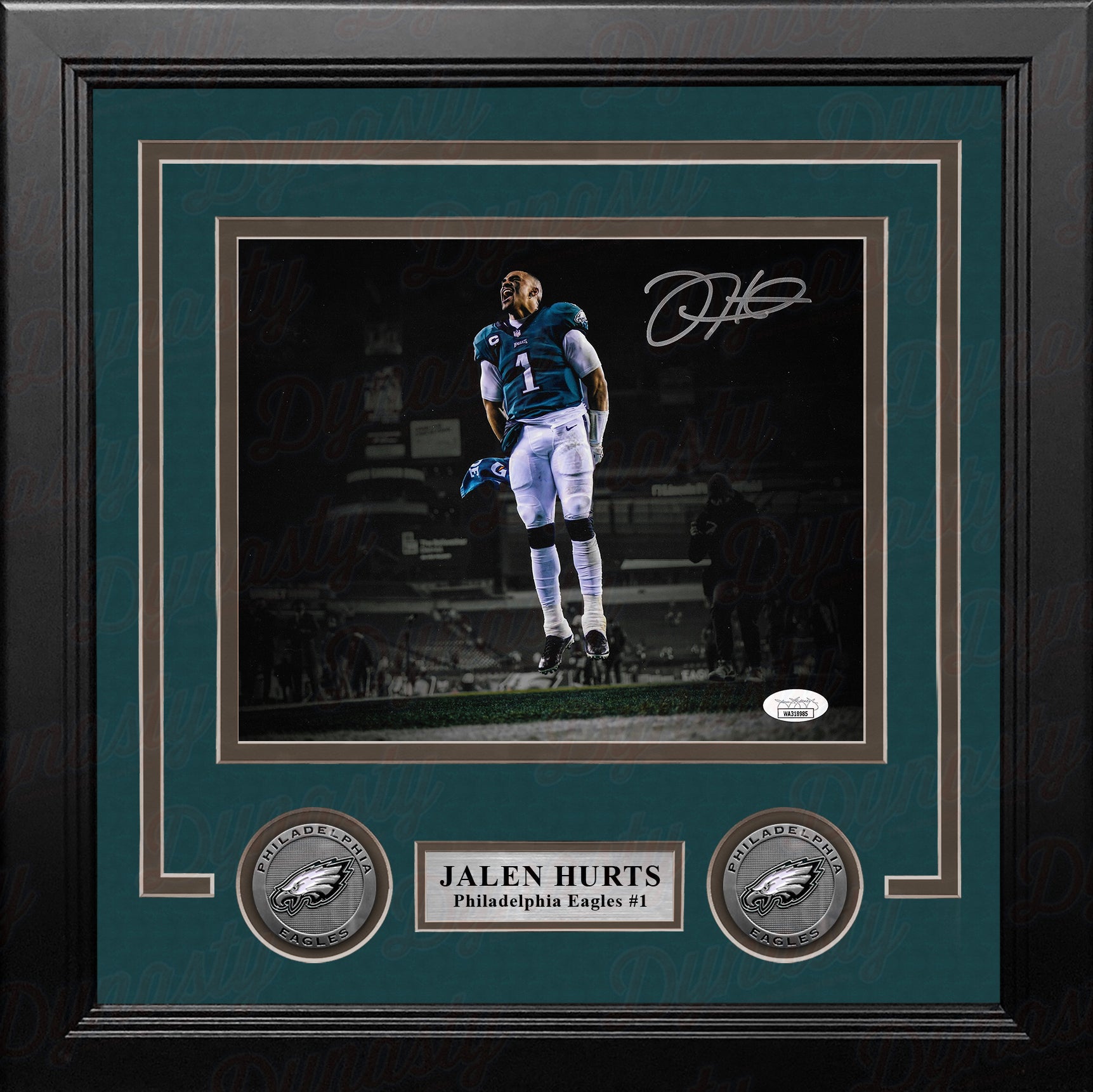 Jalen Hurts Celebration Philadelphia Eagles Autographed 8 x 10 Framed  Football Blackout Photo