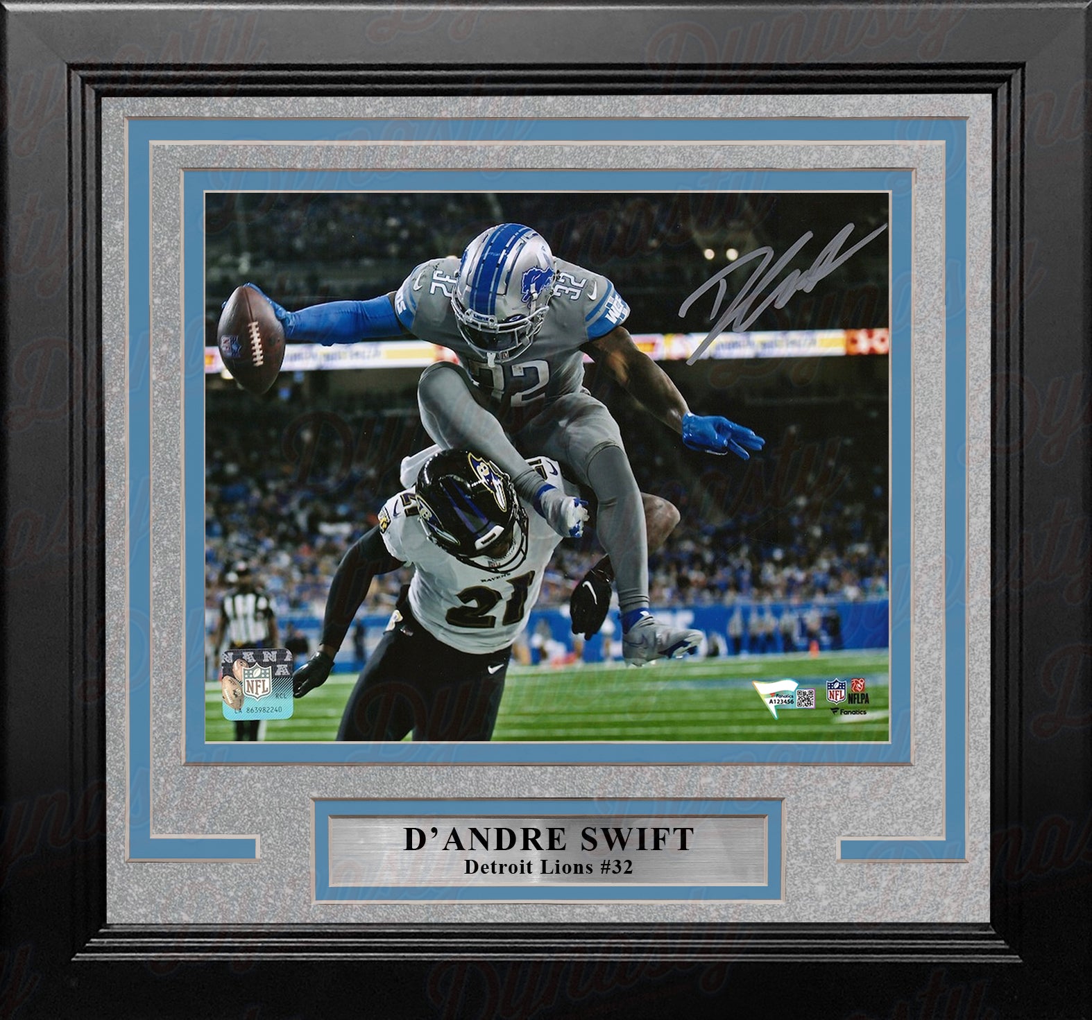 D'Andre Swift Hurdle Detroit Lions Autographed 8 x 10 Framed