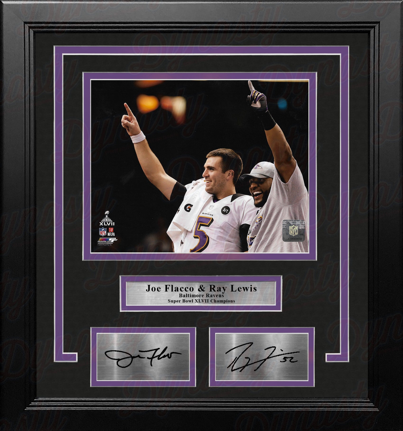 Joe Flacco & Ray Lewis Baltimore Ravens Super Bowl Champs 8x10 Framed Photo  with Engraved Autographs