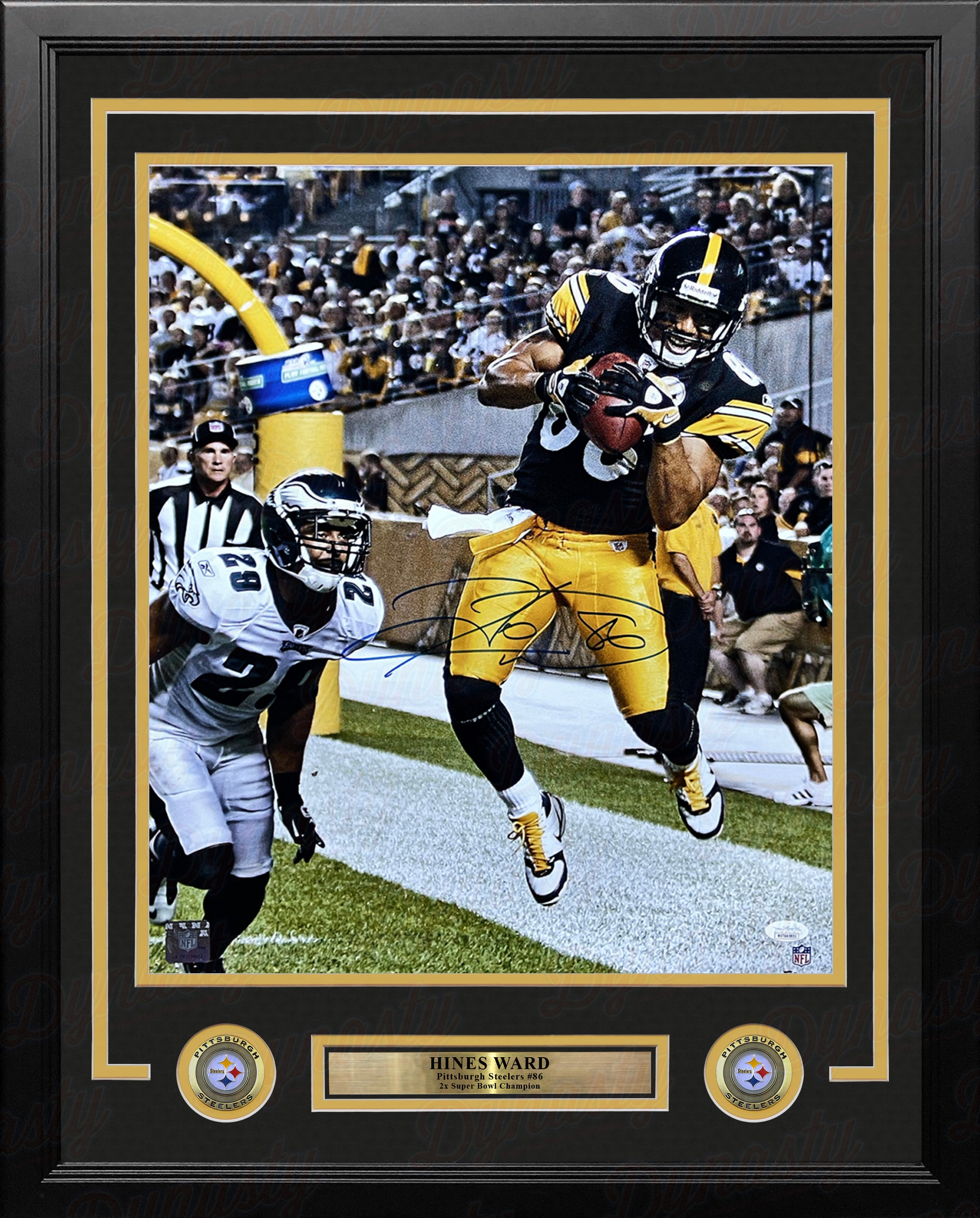 Hines Ward Leaping Touchdown Pittsburgh Steelers Autographed 16' x 20'  Framed Football Photo - Dynasty Sports & Framing