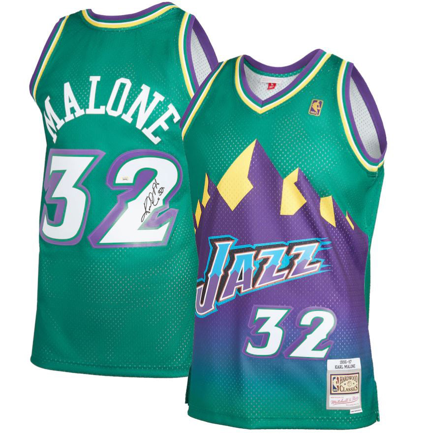 Utah Jazz Karl Malone Autographed Black Authentic Mitchell & Ness Jersey  Size L Beckett BAS Witness Stock #211878 - Mill Creek Sports