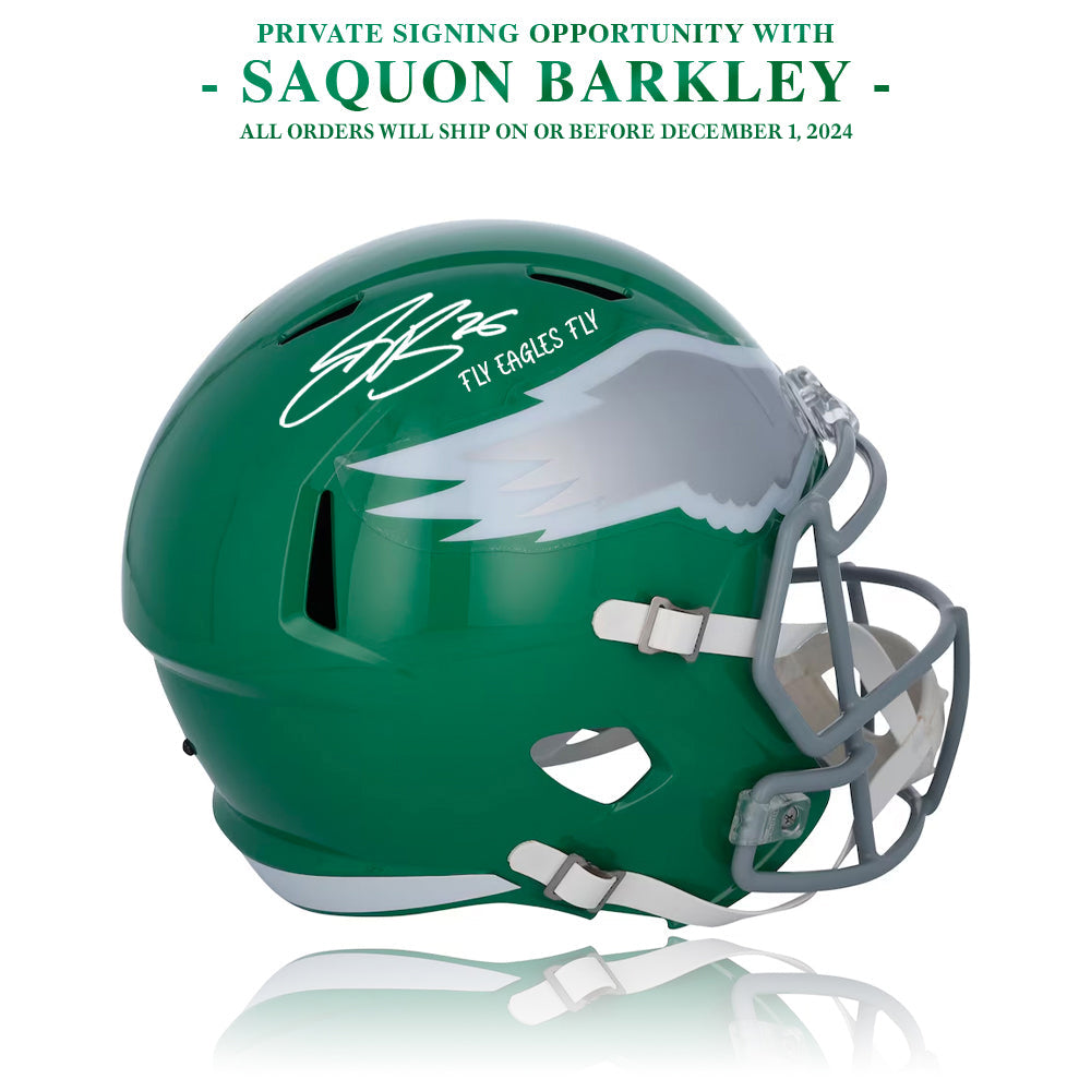 Saquon Barkley Autograph Philadelphia Eagles Kelly Green Full-Size Rep Helmet | Pre-Sale Opportunity