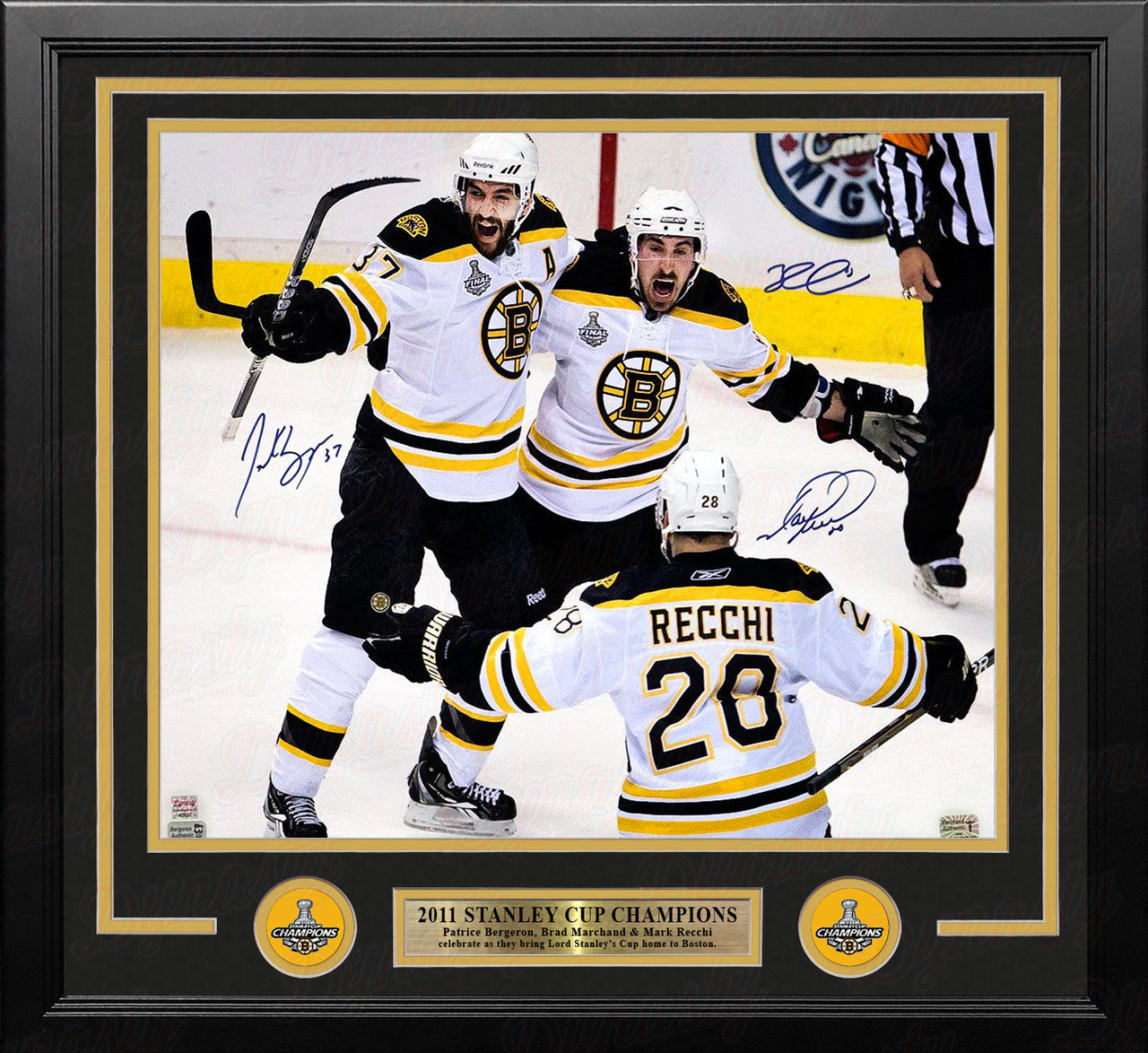 Patrice Bergeron, Mark Recchi, & Brad Marchand Autographed Boston Bruins 11" x 14" Framed Photo