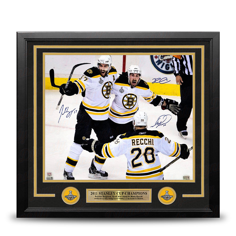 Patrice Bergeron, Mark Recchi, & Brad Marchand Autographed Boston Bruins 11" x 14" Framed Photo