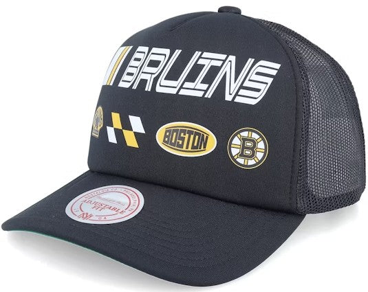 Boston Bruins Mitchell & Ness Speedway Black Trucker Snapback Hat