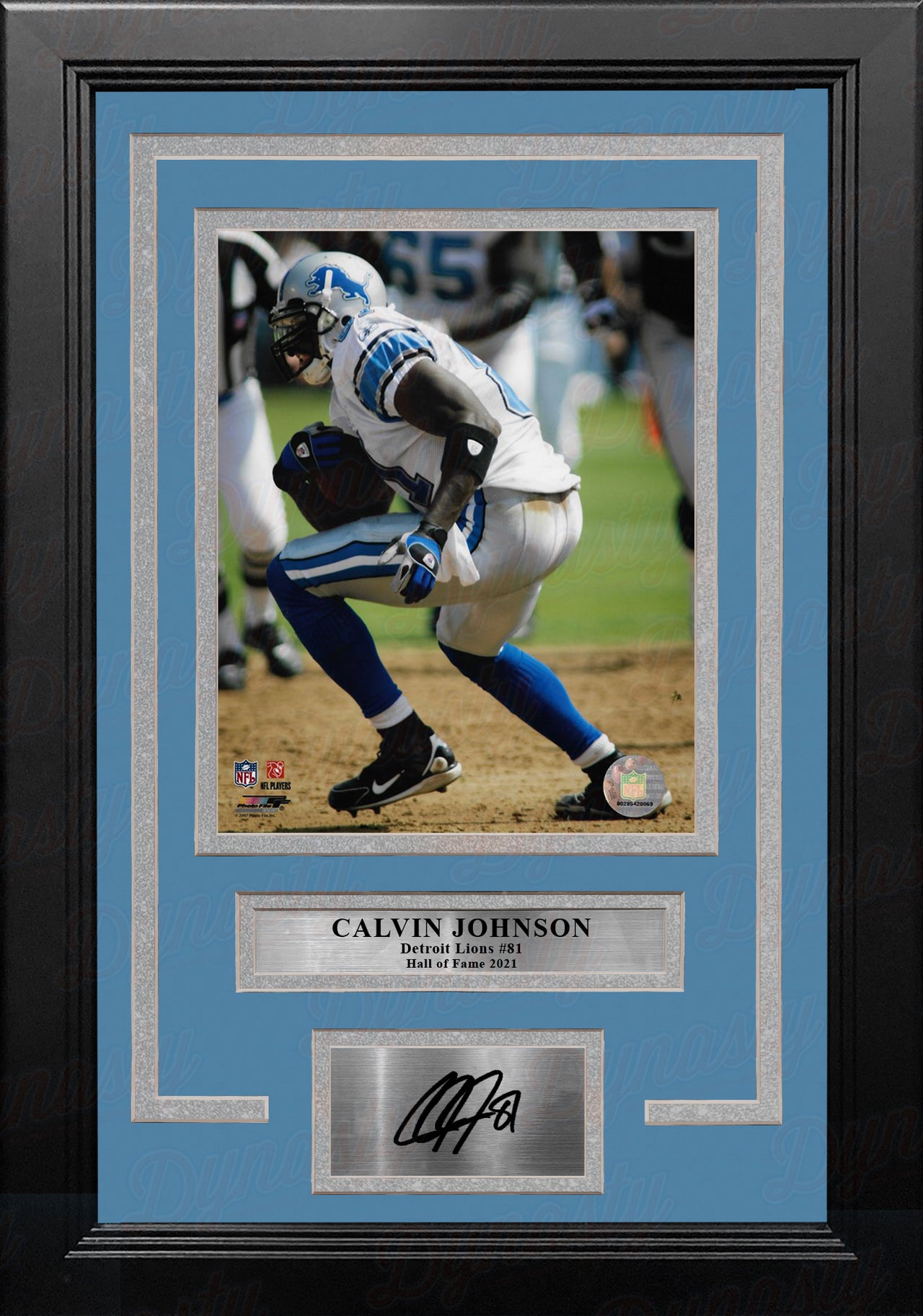 Calvin Johnson in Action Detroit Lions 8" x 10" Framed Football Photo with Engraved Autograph