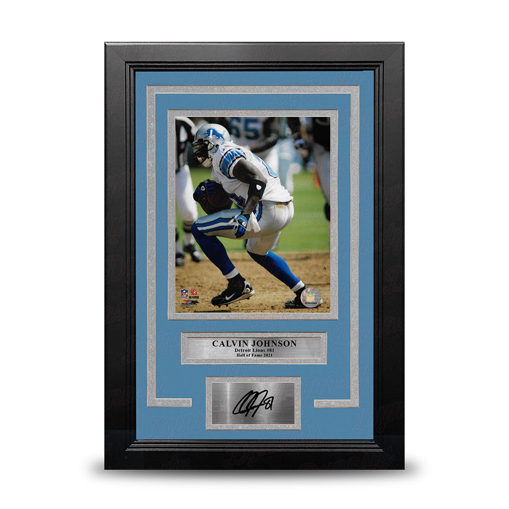 Calvin Johnson in Action Detroit Lions 8" x 10" Framed Football Photo with Engraved Autograph