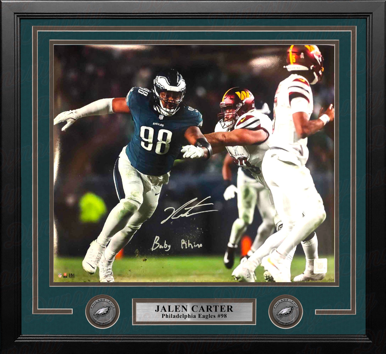 Jalen Carter v. Commanders Philadelphia Eagles Autographed 16x20 Framed Photo Inscribed Baby Rhino