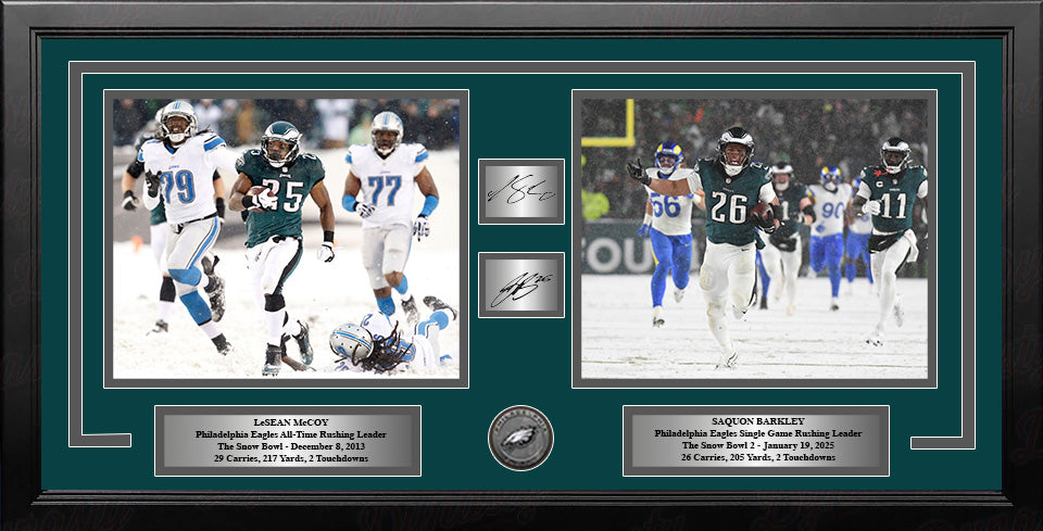 LeSean McCoy & Saquon Barkley Snow Bowl Philadelphia Eagles Framed Photos with Engraved Autographs