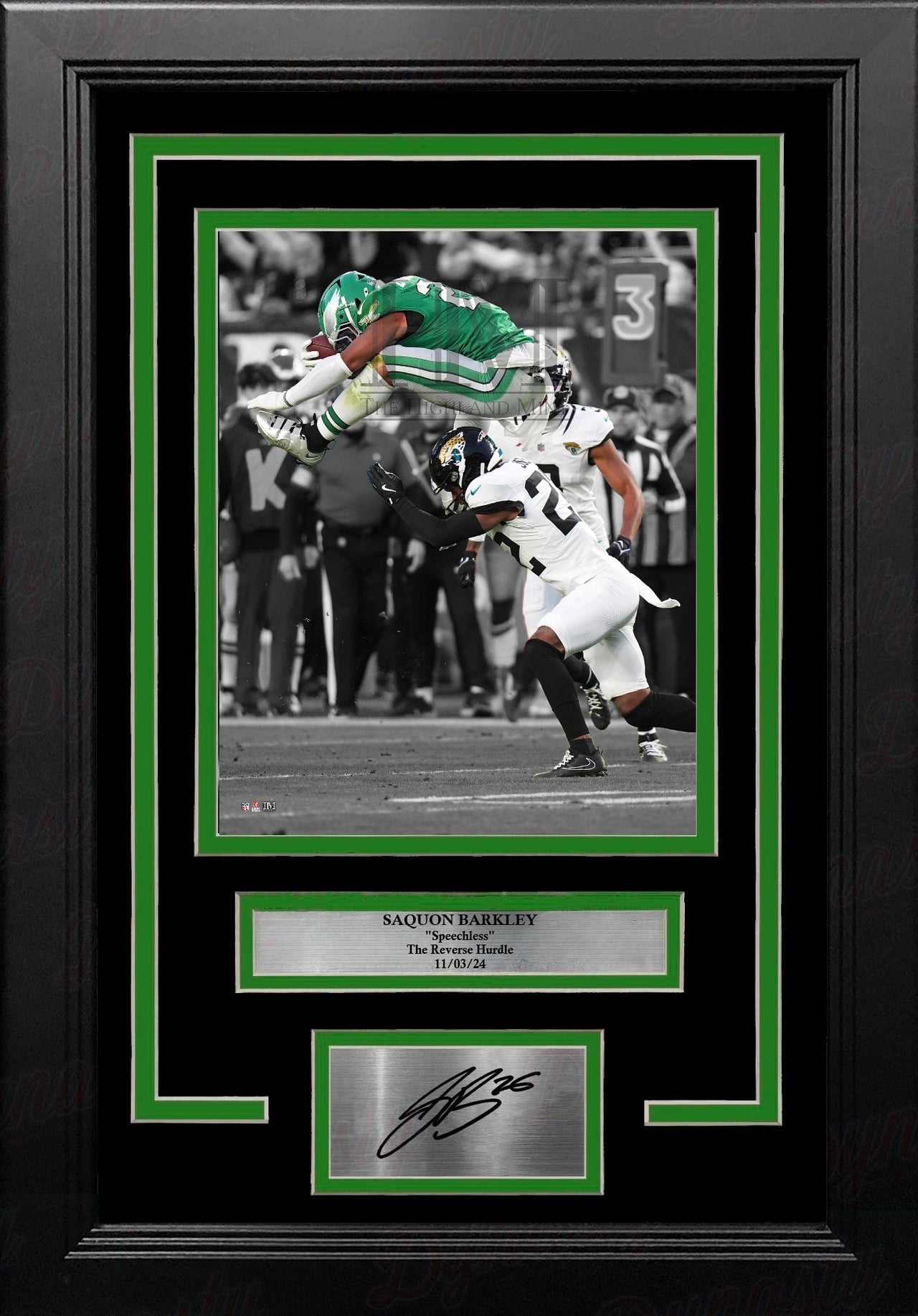 Saquon Barkley Reverse Hurdle Philadelphia Eagles 8x10 Framed Football Photo with Engraved Autograph