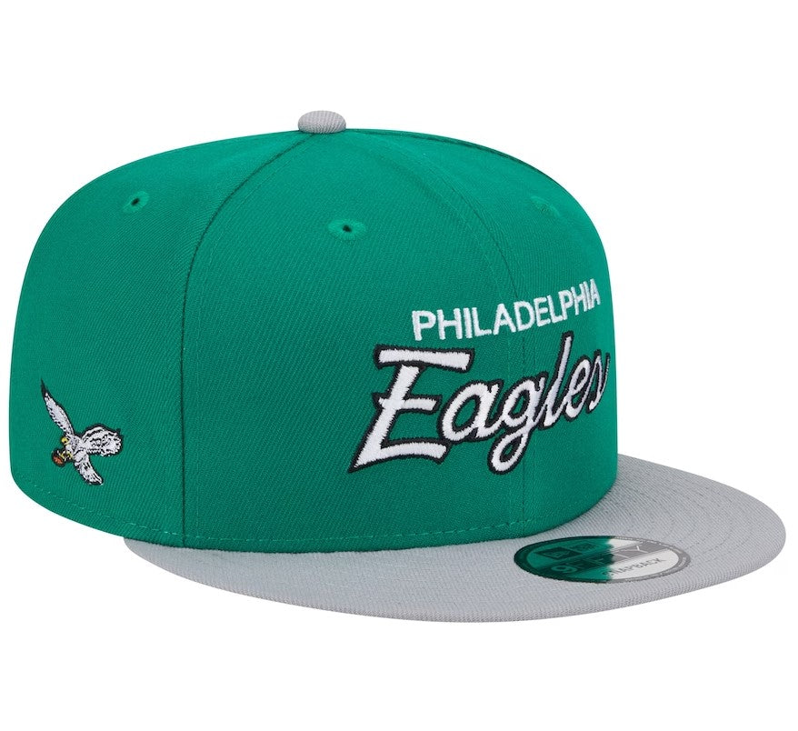 Philadelphia Eagles New Era Historic Script 9FIFTY Snapback Hat - Kelly Green/Silver