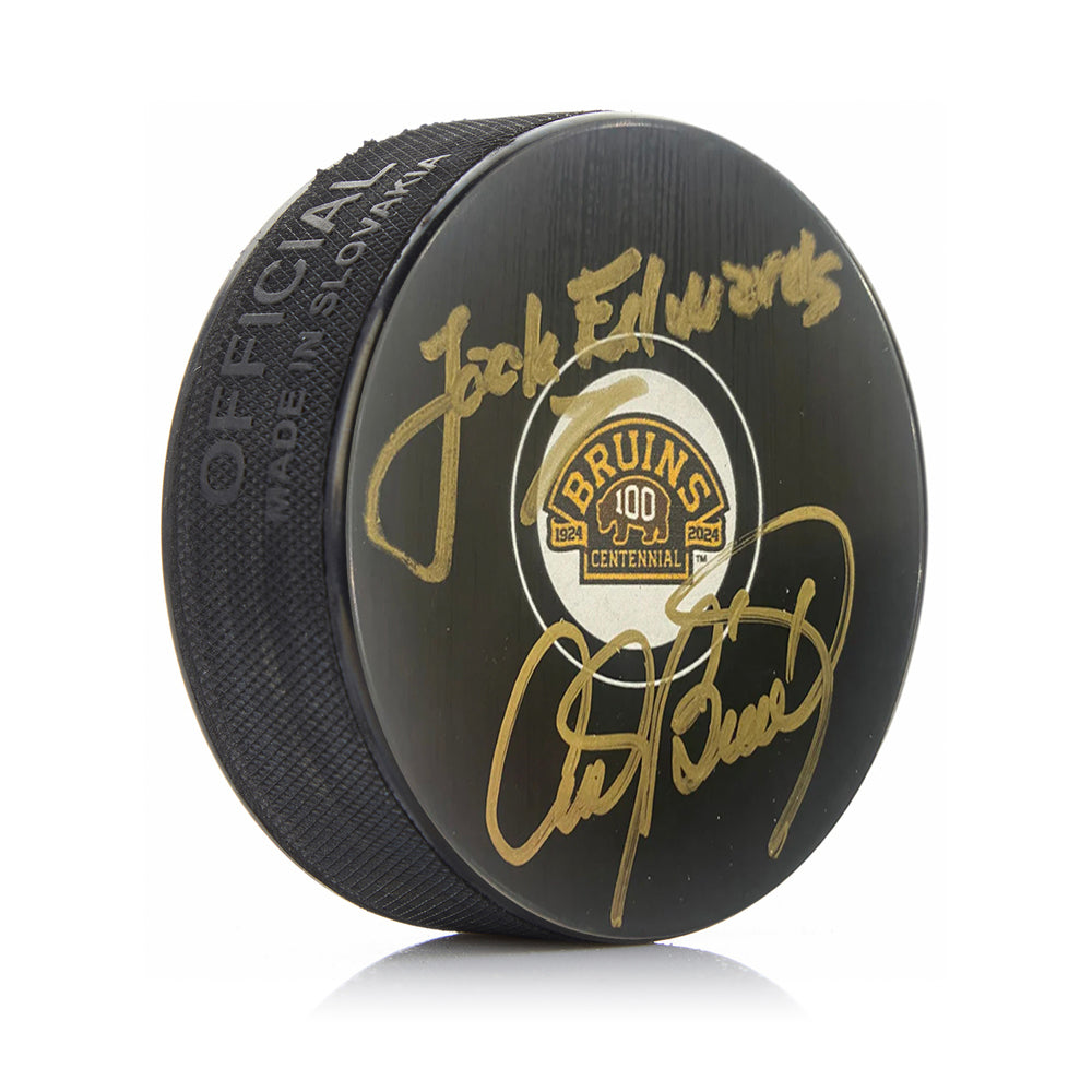 Jack Edwards & Andy Brickley Boston Bruins 100th Anniversary Autographed Logo Puck