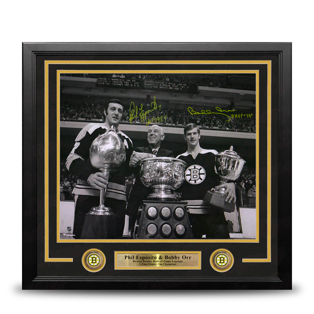 Bobby Orr & Phil Esposito Trophies Boston Bruins Autographed 16" x 20" Framed Hockey Photo