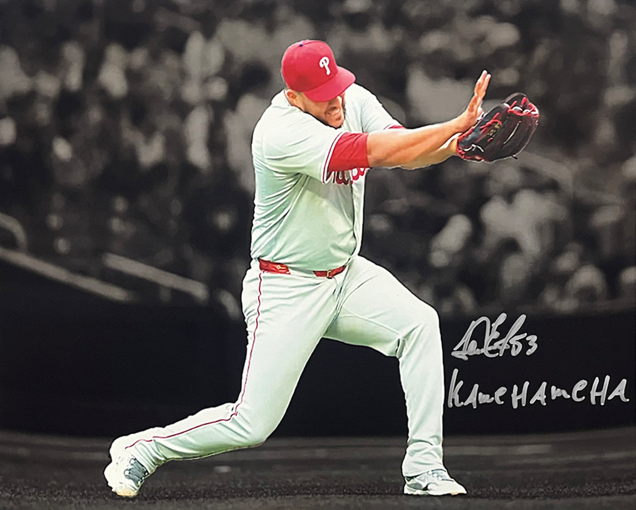 Carlos Estevez Pose Autographed Philadelphia Phillies 11x14 Blackout Photo - Kamehameha Inscription