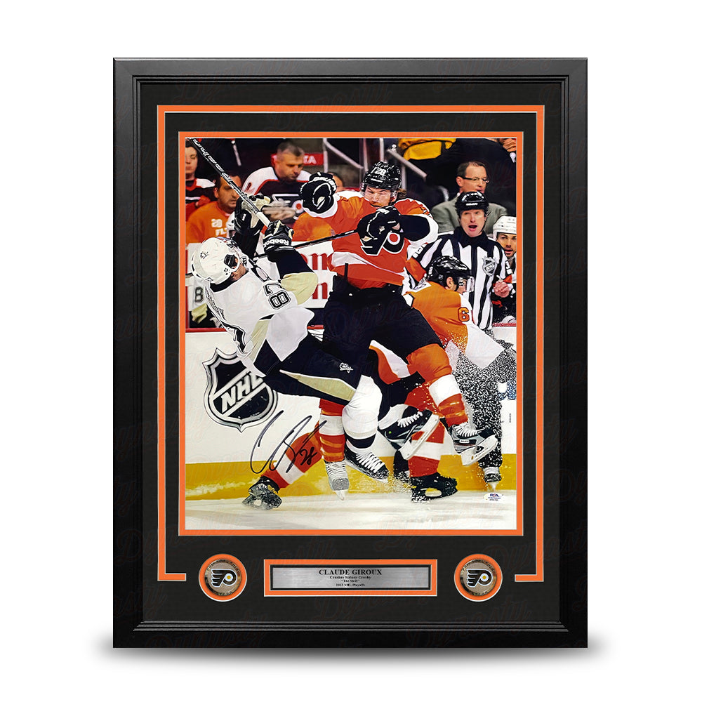 Claude Giroux Hits Sidney Crosby Philadelphia Flyers Autographed 16" x 20" Framed Hockey Photo