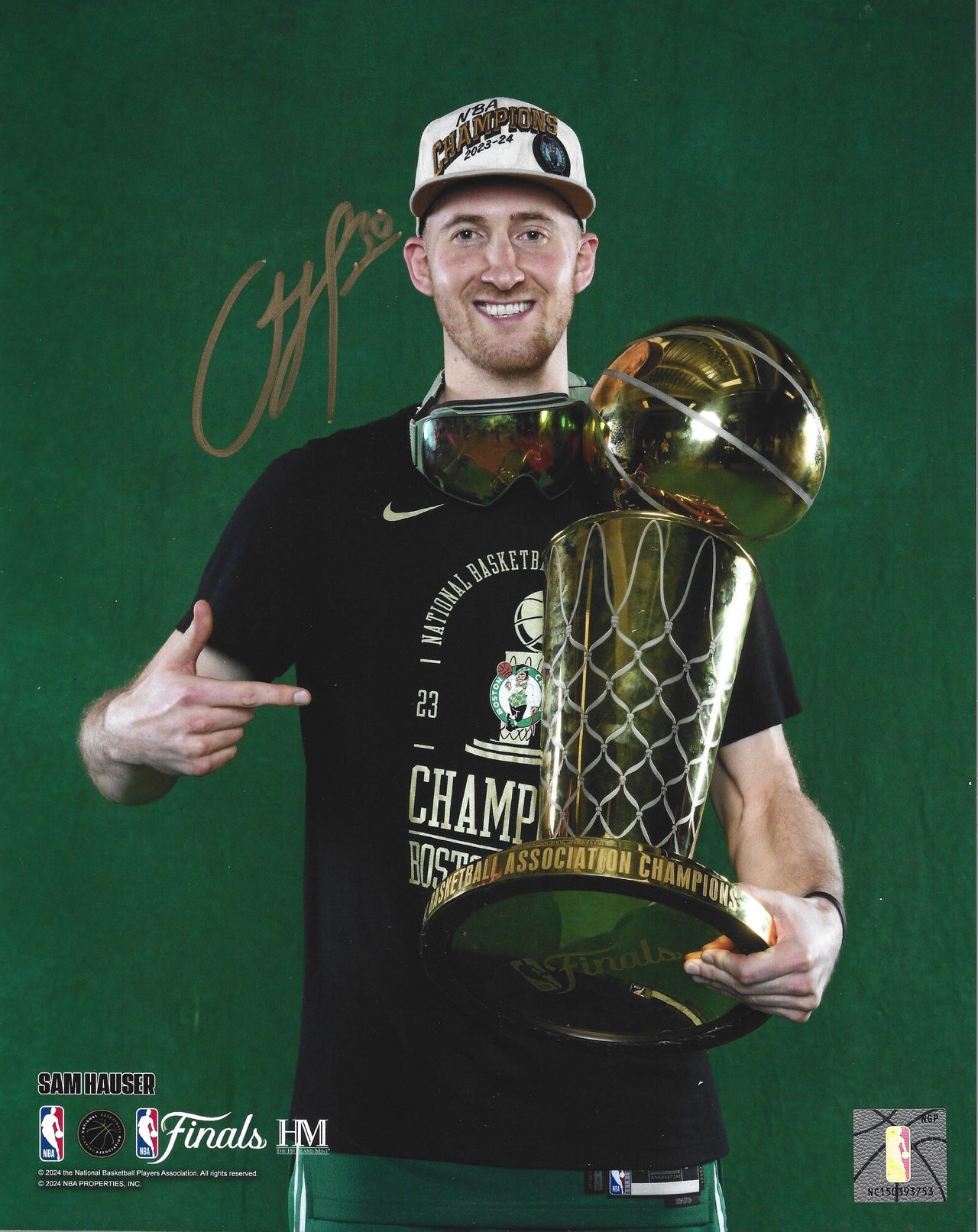 Sam Hauser 2024 NBA Trophy Autographed Boston Celtics 8" x 10" Championship Photo