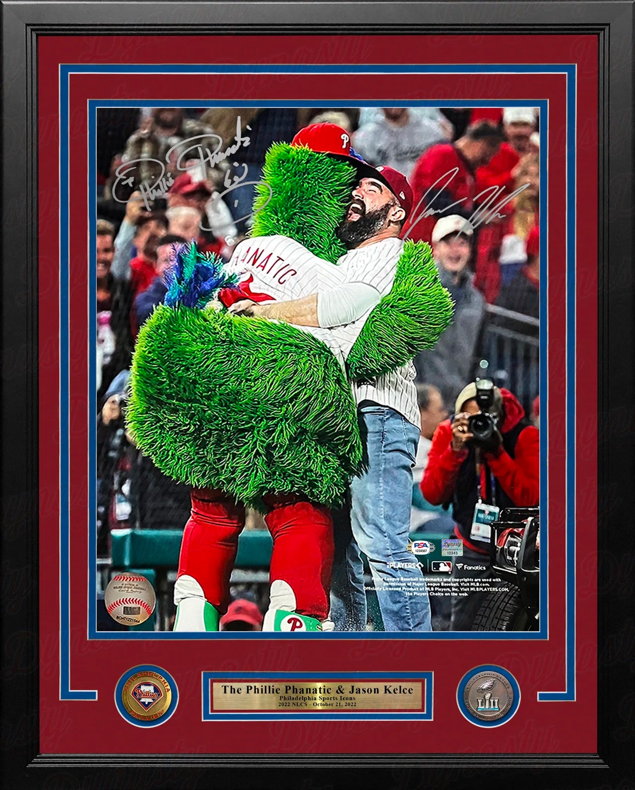 The Phillie Phanatic & Jason Kelce 2022 NLCS Autographed 16" x 20" Framed Baseball Photo