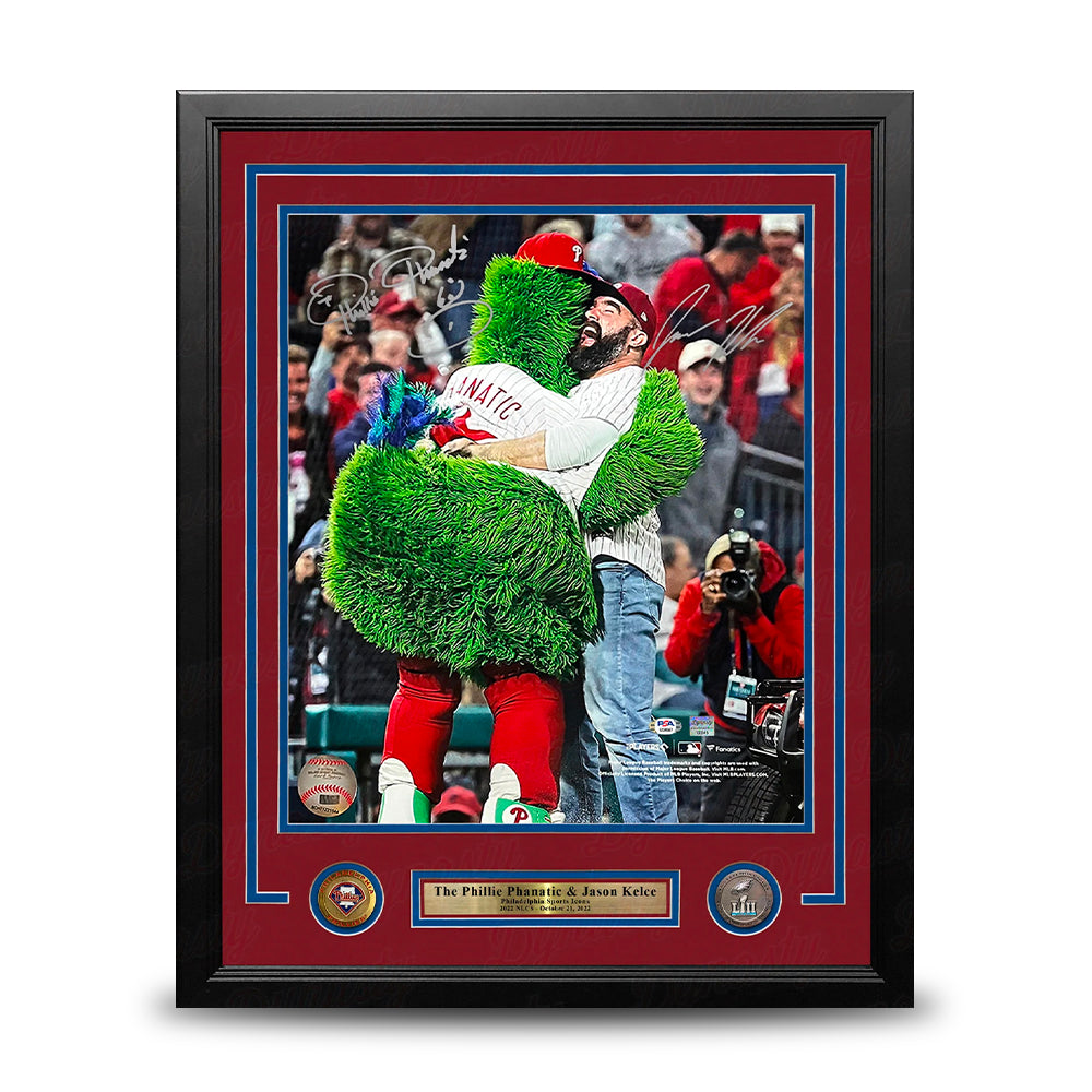 The Phillie Phanatic & Jason Kelce 2022 NLCS Autographed 16" x 20" Framed Baseball Photo