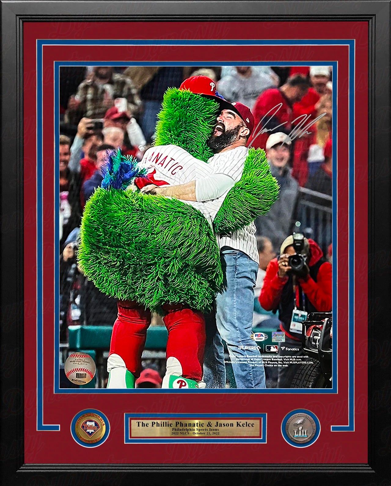 Jason Kelce Hugs the Phillie Phanatic 2022 NLCS Autographed 16" x 20" Framed Baseball Photo