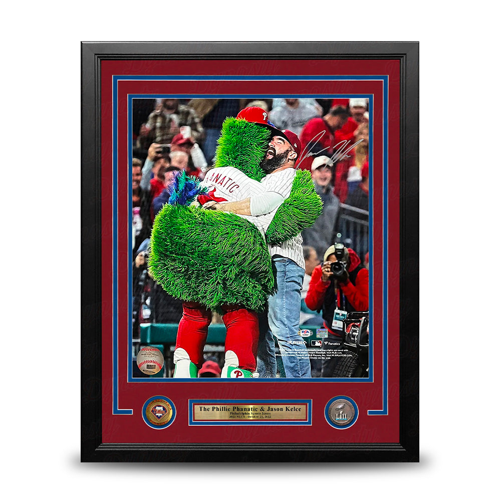 Jason Kelce Hugs the Phillie Phanatic 2022 NLCS Autographed 16" x 20" Framed Baseball Photo