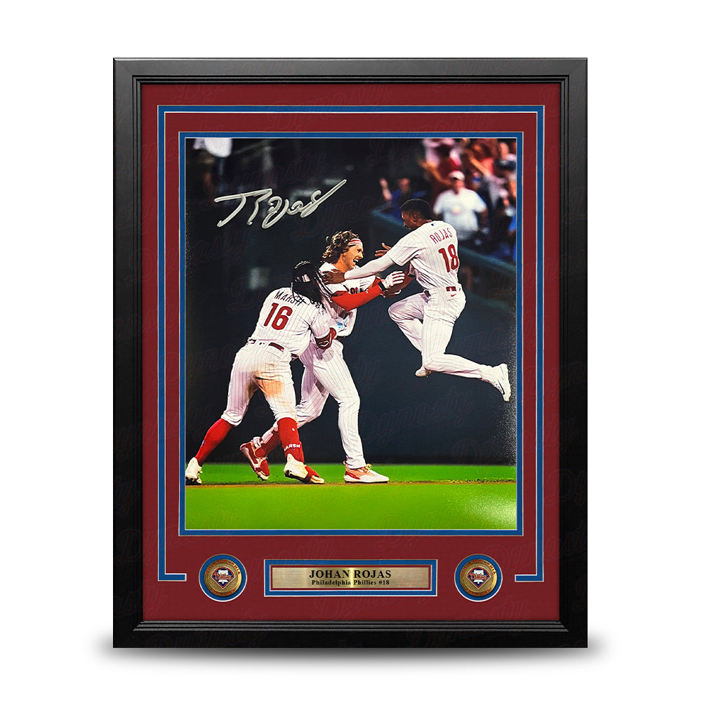 Johan Rojas Celebration Philadelphia Phillies Autographed 16" x 20" Framed Baseball Photo