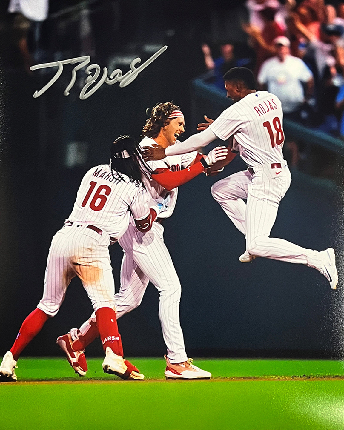 Johan Rojas Celebration Philadelphia Phillies Autographed 16" x 20" Baseball Photo