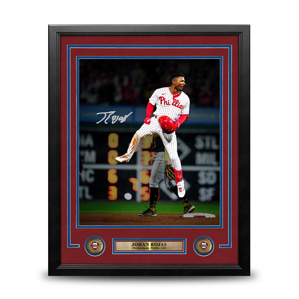 Johan Rojas Jumping on Base Philadelphia Phillies Autographed 11" x 14" Framed Baseball Photo