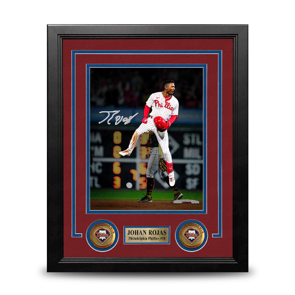 Johan Rojas Jumping on Base Philadelphia Phillies Autographed 8" x 10" Framed Baseball Photo