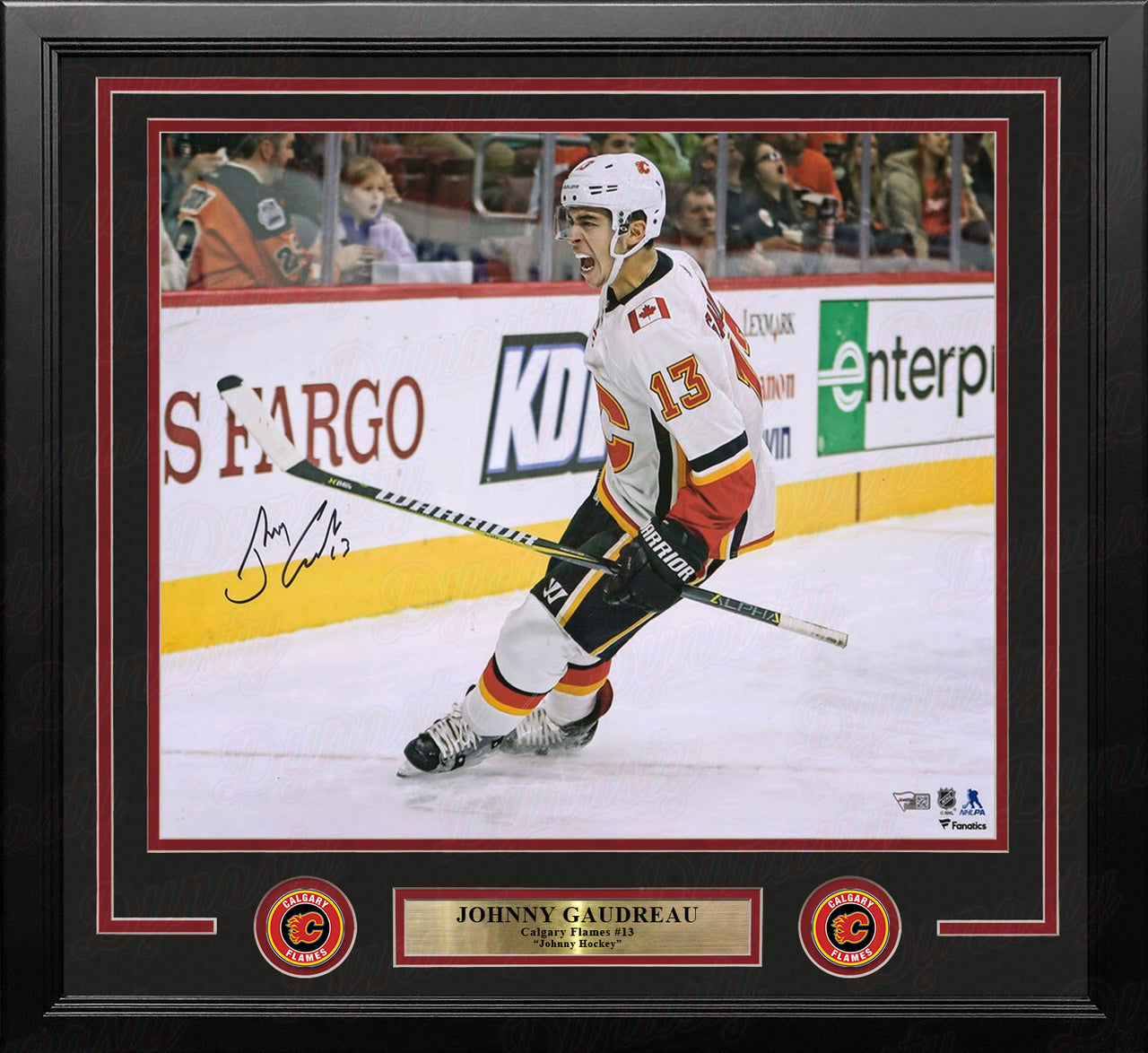 Johnny Gaudreau Celebration Calgary Flames Autographed 16" x 20" Framed Hockey Photo