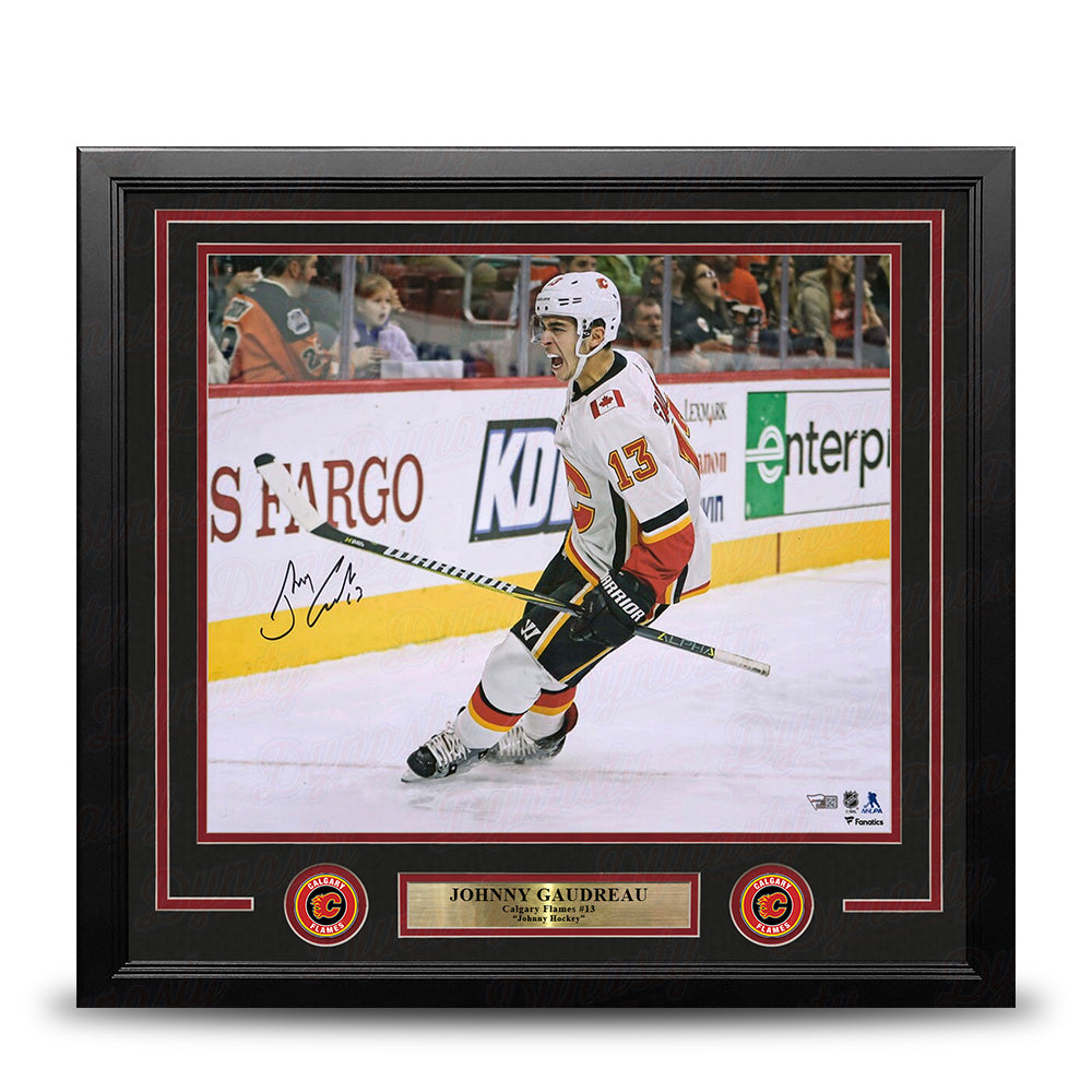 Johnny Gaudreau Celebration Calgary Flames Autographed 16" x 20" Framed Hockey Photo