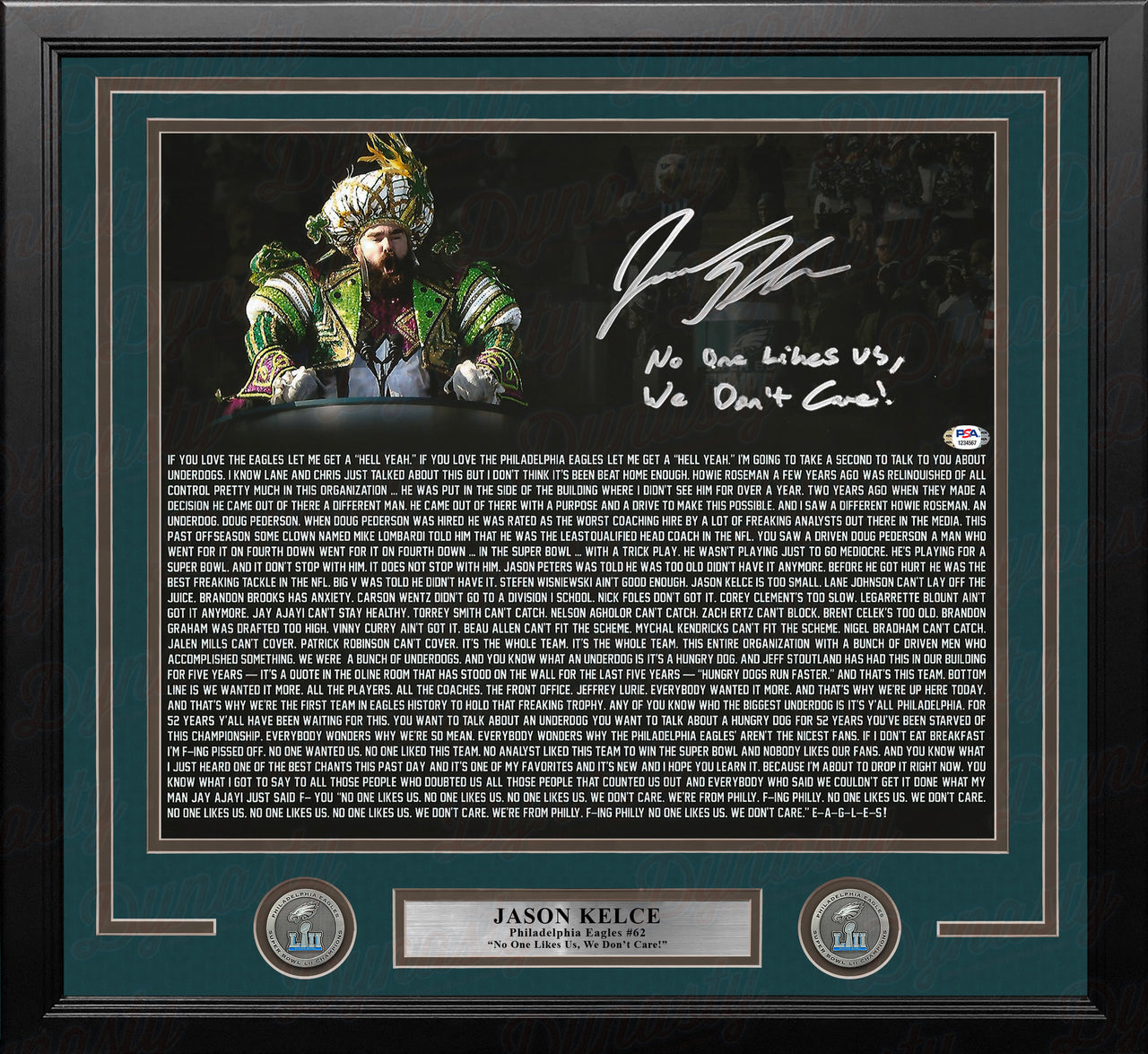 Jason Kelce Super Bowl Speech Text Eagles Autographed 16x20 Framed Photo - No One Likes Us