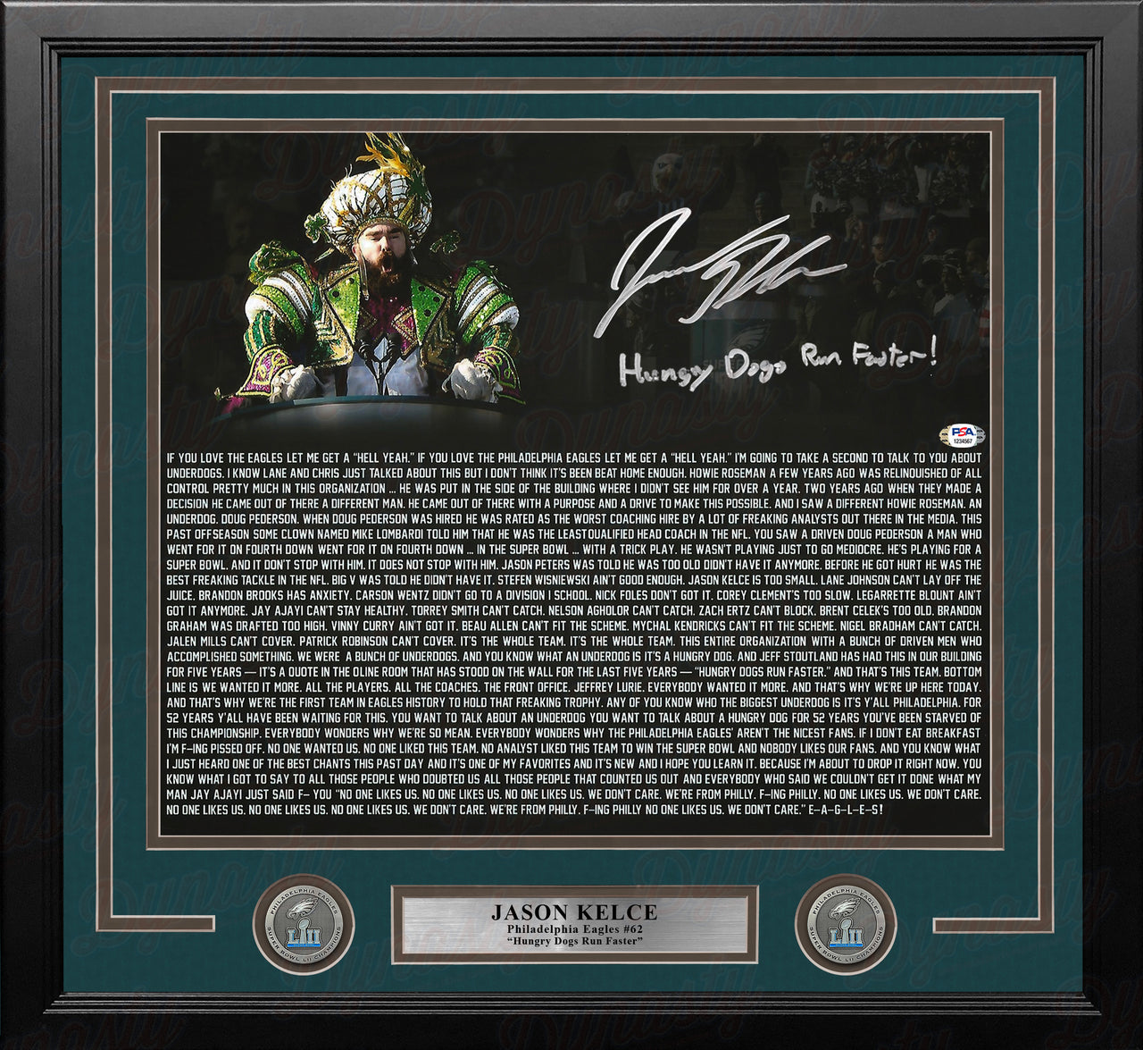 Jason Kelce Super Bowl Speech Text Eagles Autographed 16x20 Framed Photo - Hungry Dogs Run Faster