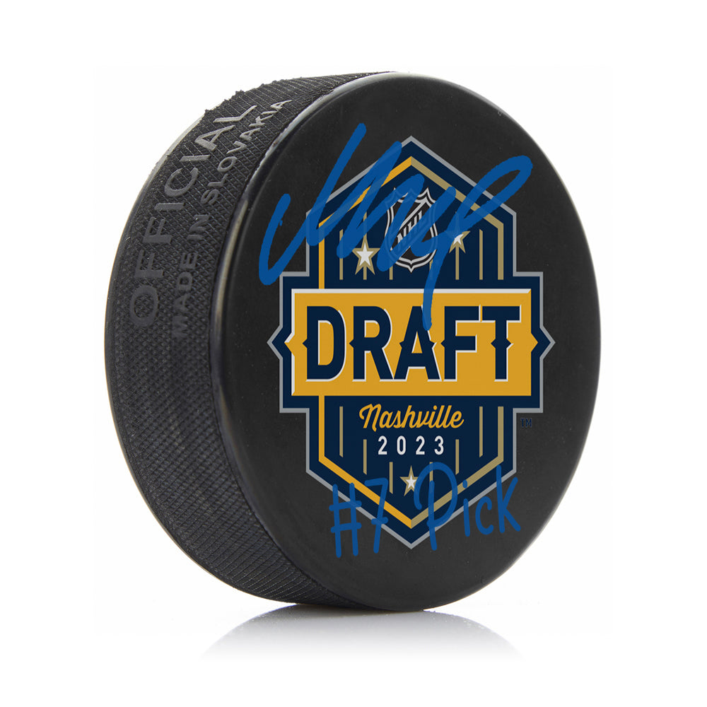 Matvei Michkov Autographed 2023 NHL Draft Nashville Logo Puck with #7 Pick Inscription