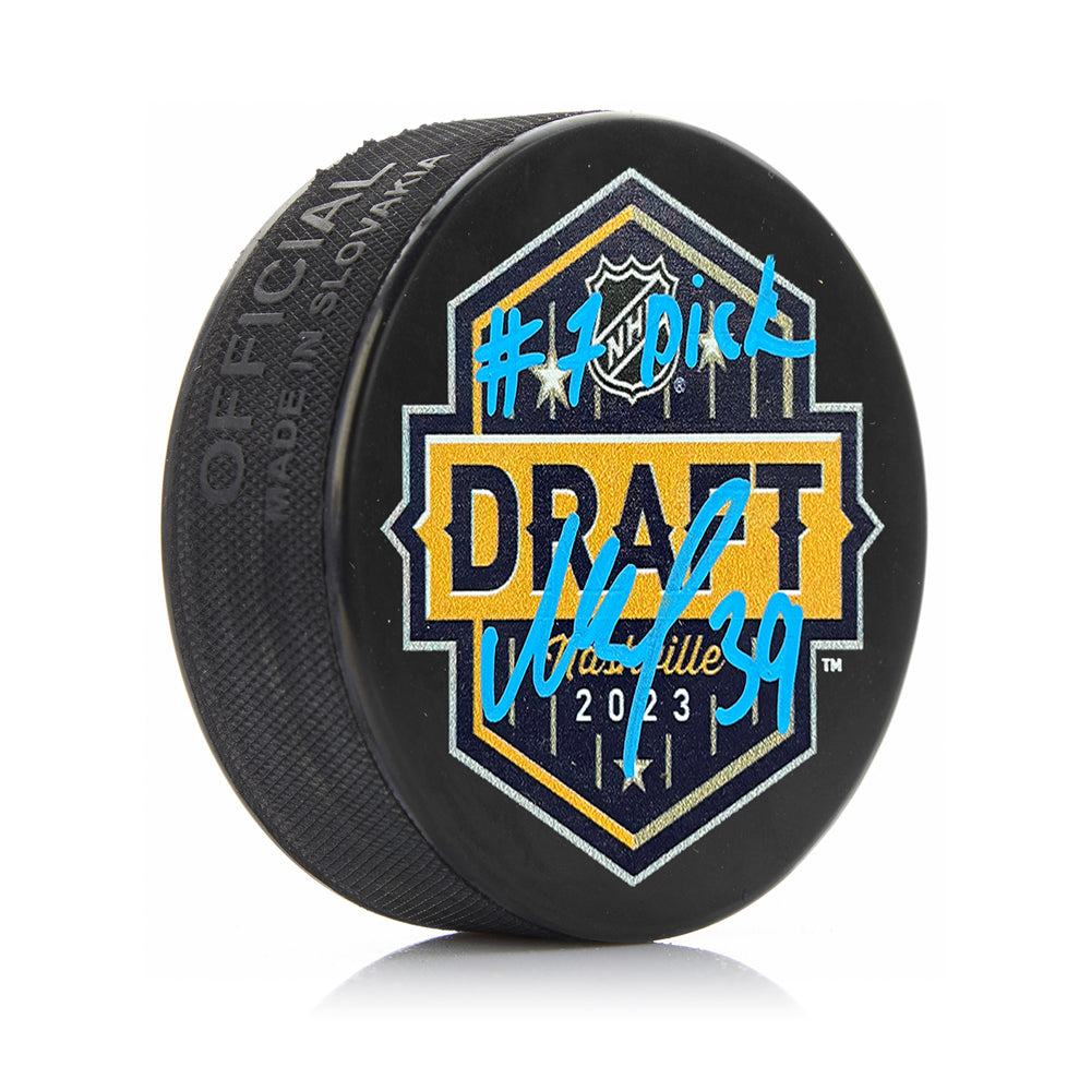 Matvei Michkov Autographed 2023 NHL Draft Nashville Logo Puck with #7 Pick Inscription