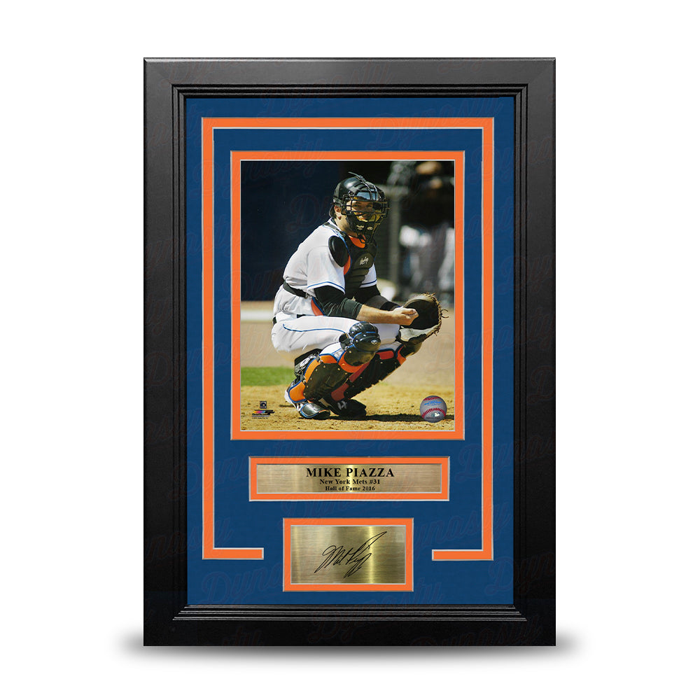 Mike Piazza Catching Action 8"x 10" Framed Baseball Photo with Engraved Autograph