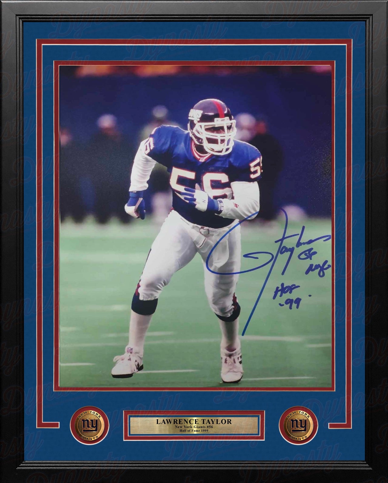 Lawrence Taylor on the Run New York Giants Autographed 11" x 14" Framed Photo Inscribed NYG & HOF