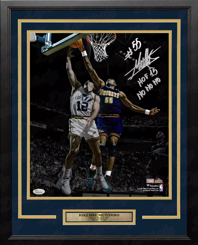 Dikembe Mutombo Denver Nuggets Autographed 16x20 Framed Photo Inscribed Hall of Fame & No-No-No