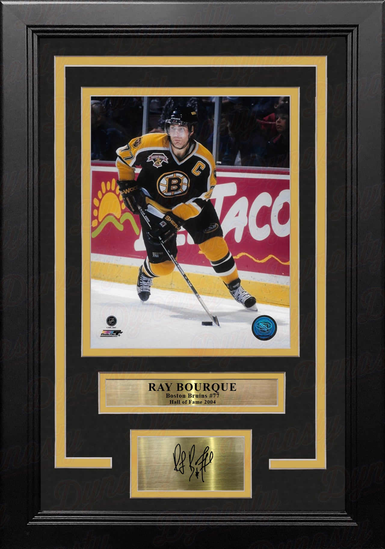 Ray Bourque in Black Boston Bruins 8" x 10" Framed Hockey Photo with Engraved Autograph