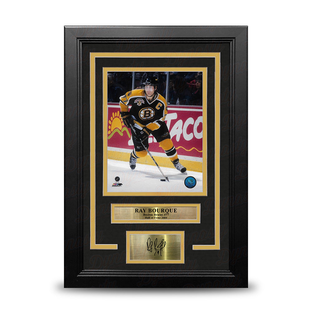 Ray Bourque in Black Boston Bruins 8" x 10" Framed Hockey Photo with Engraved Autograph