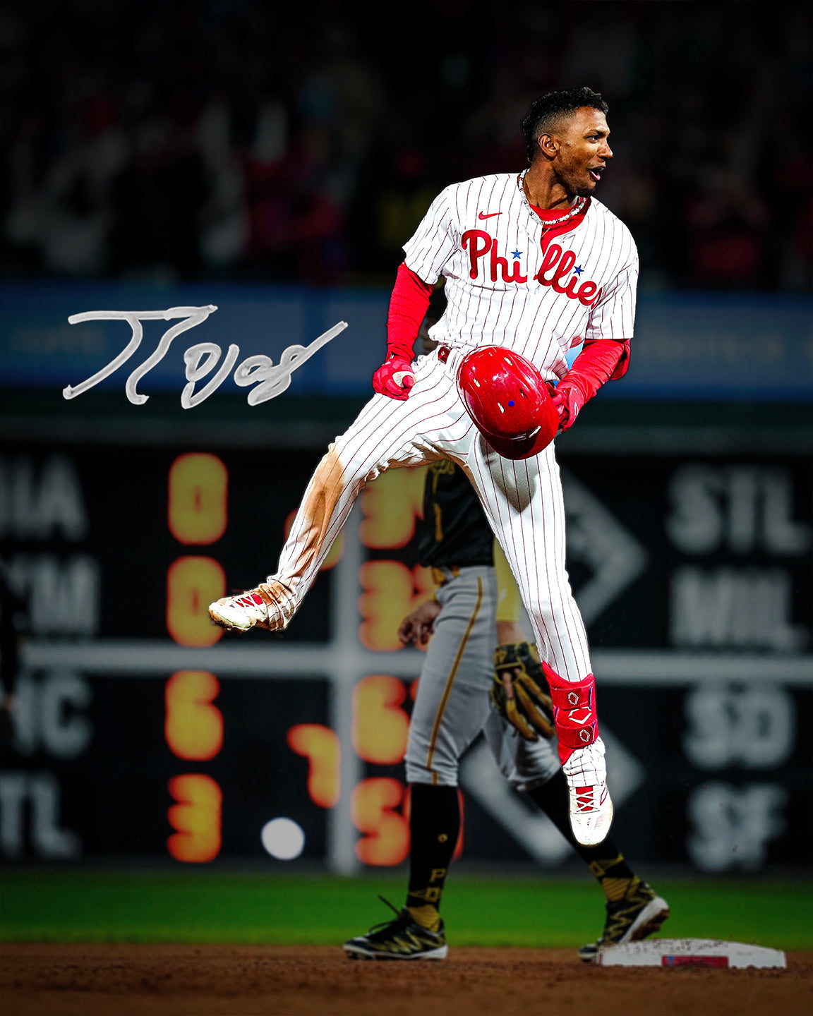 Johan Rojas Jumping on Base Philadelphia Phillies Autographed 8" x 10" Baseball Photo