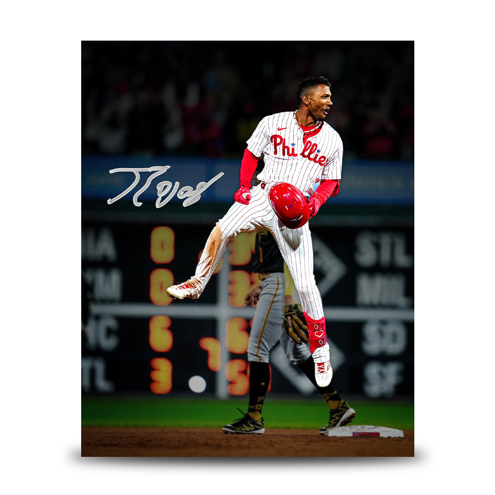 Johan Rojas Jumping on Base Philadelphia Phillies Autographed 8" x 10" Baseball Photo