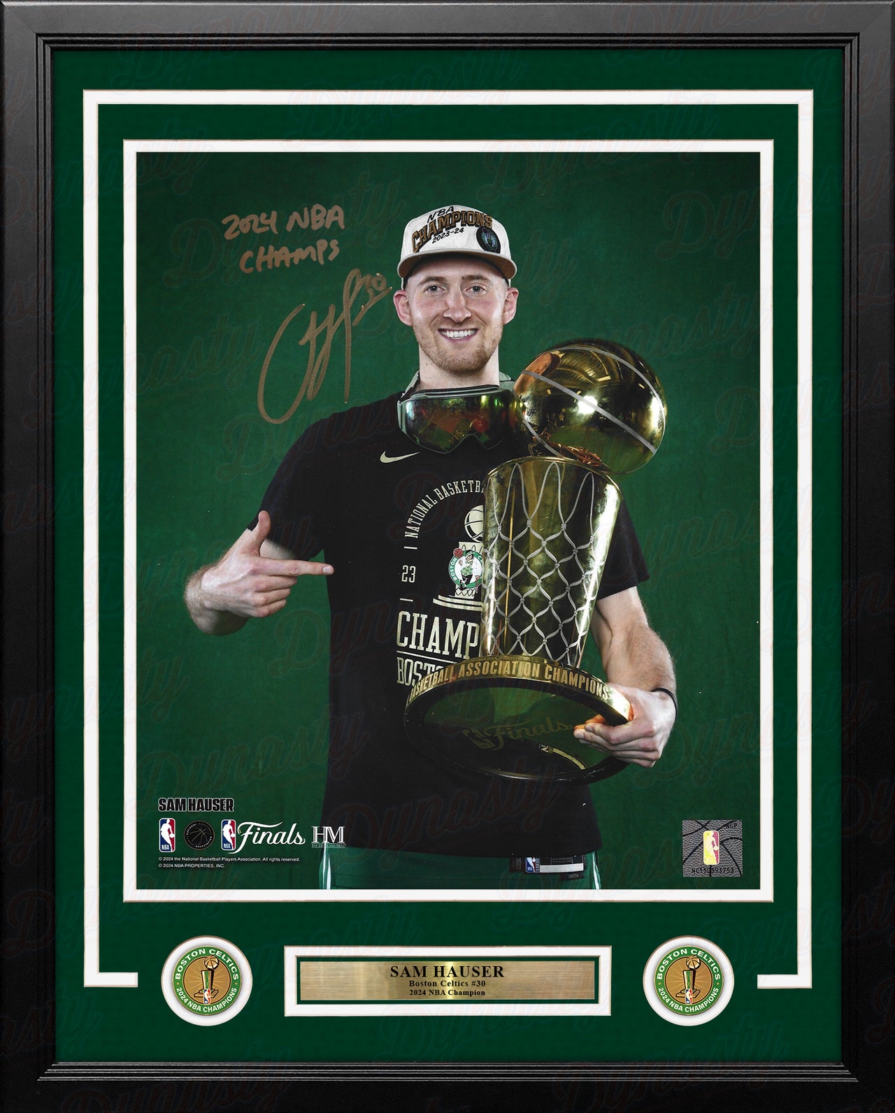 Sam Hauser 2024 NBA Trophy Autographed Boston Celtics 11" x 14" Framed Photo - 2024 NBA Champs