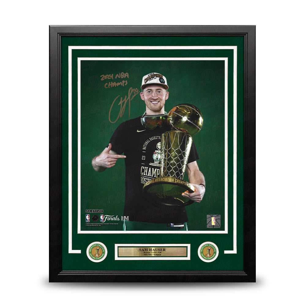 Sam Hauser 2024 NBA Trophy Autographed Boston Celtics 11" x 14" Framed Photo - 2024 NBA Champs