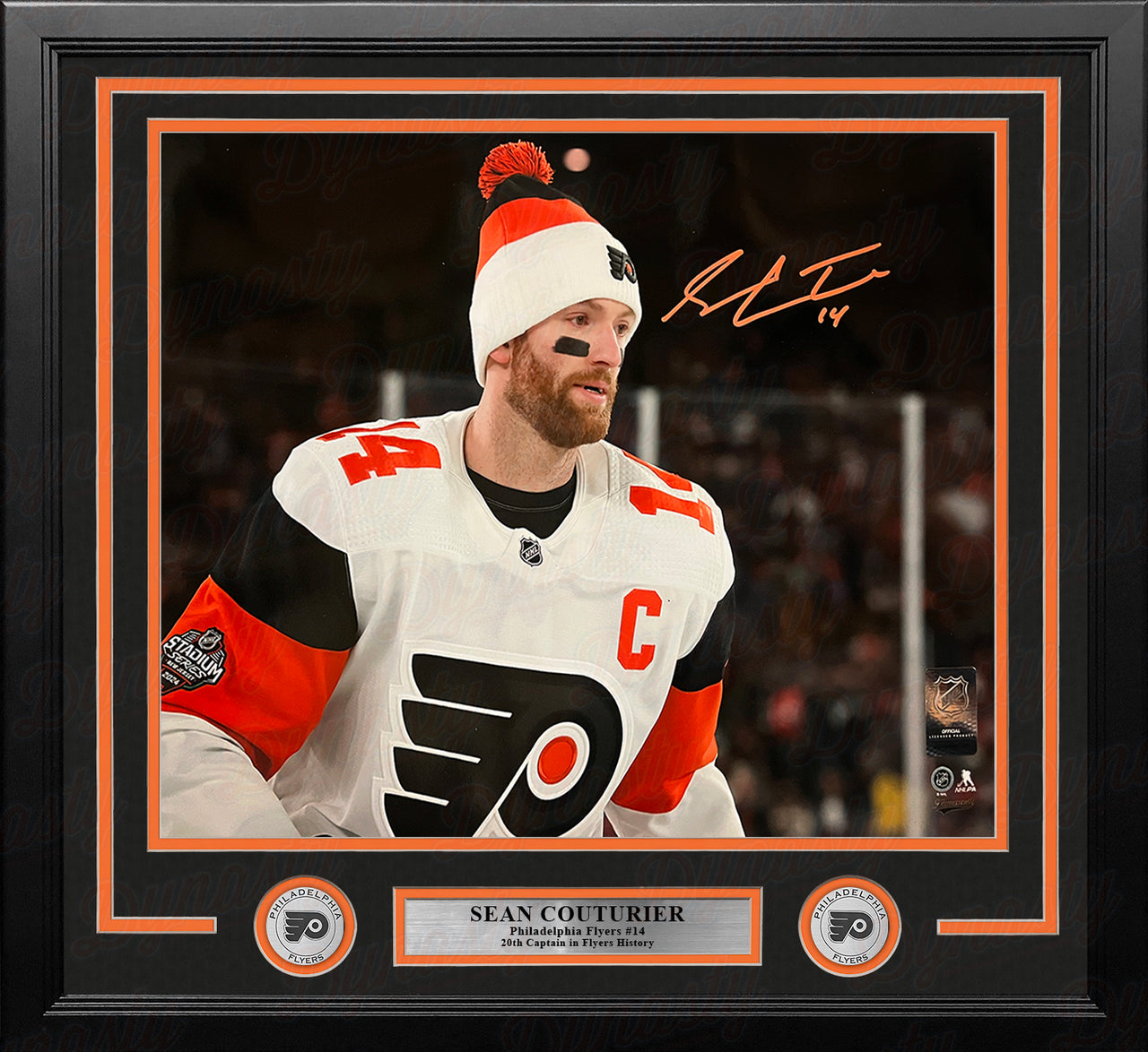 Sean Couturier 2024 Captain Debut Philadelphia Flyers Autographed 11x14 Framed Photo - Orange Ink