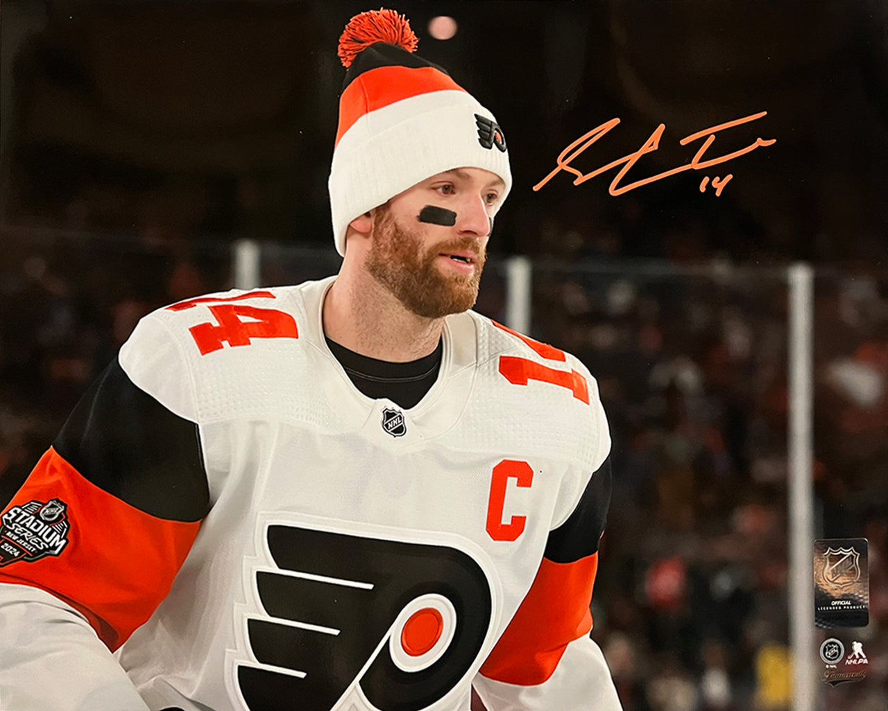 Sean Couturier 2024 Captain Debut Philadelphia Flyers Autographed 11x14 Photo - Orange Signature