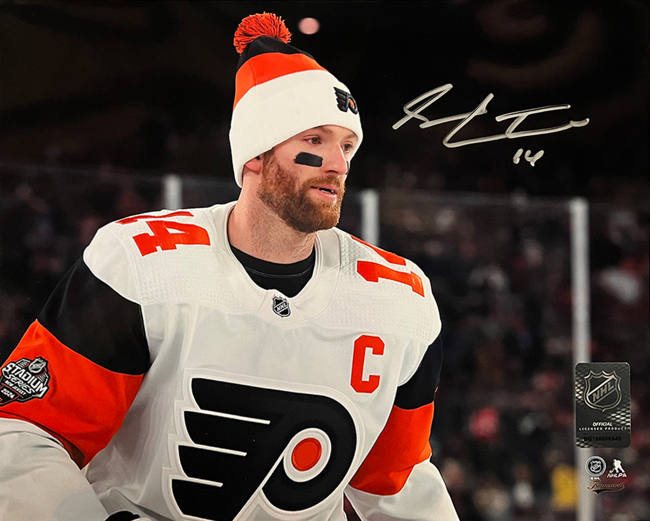 Sean Couturier 2024 Captain Debut Philadelphia Flyers Autographed 11x14 Photo - Silver Signature