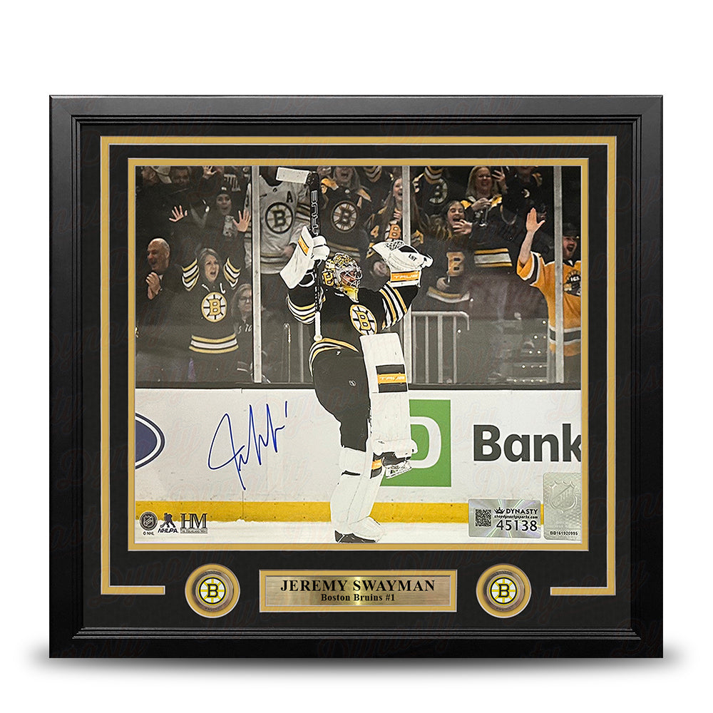 Jeremy Swayman Celebration Boston Bruins Autographed 16" x 20" Framed Hockey Photo