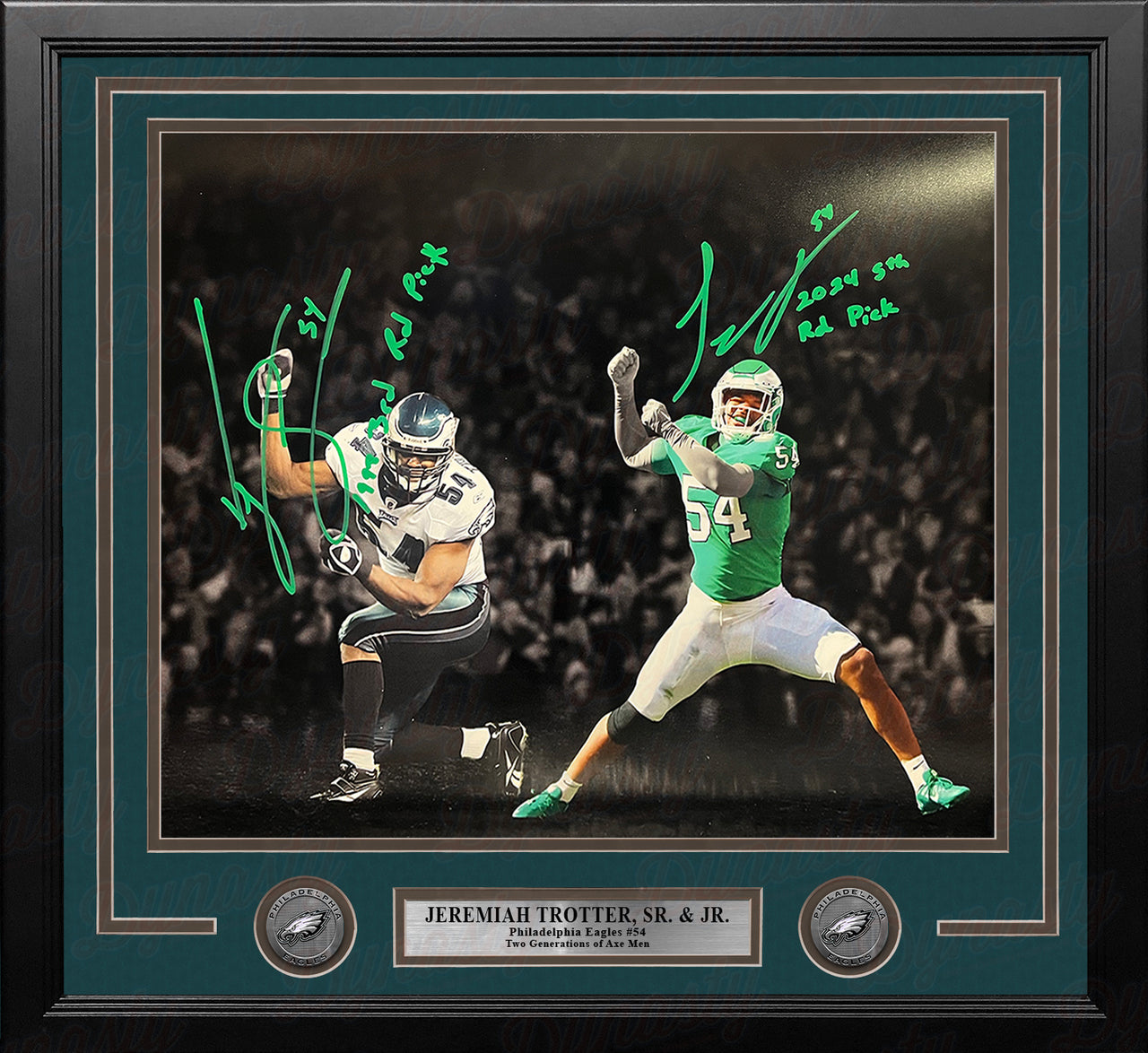 Jeremiah Trotter Sr & Jr Philadelphia Eagles Autographed 16x20 Framed Photo with Draft Inscriptions